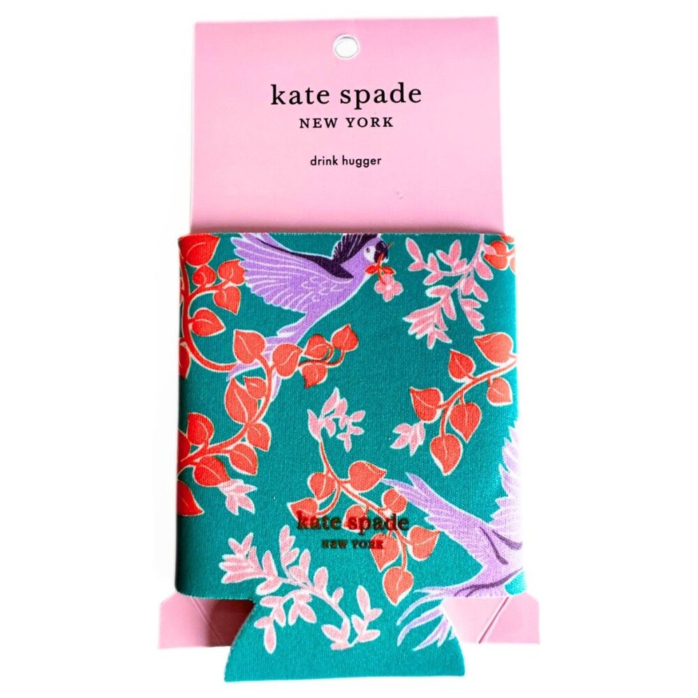KATE SPADE Bird Party Parrots Purple Green Drink Hugger Can Bottle Cozy NEW
